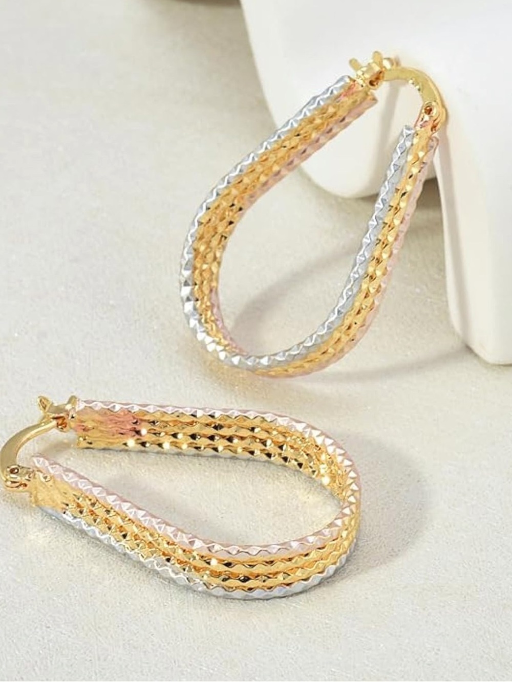 Anthropologie Tri-Color Textured Teardrop Hoop Earrings - Gold, Silver, Pink